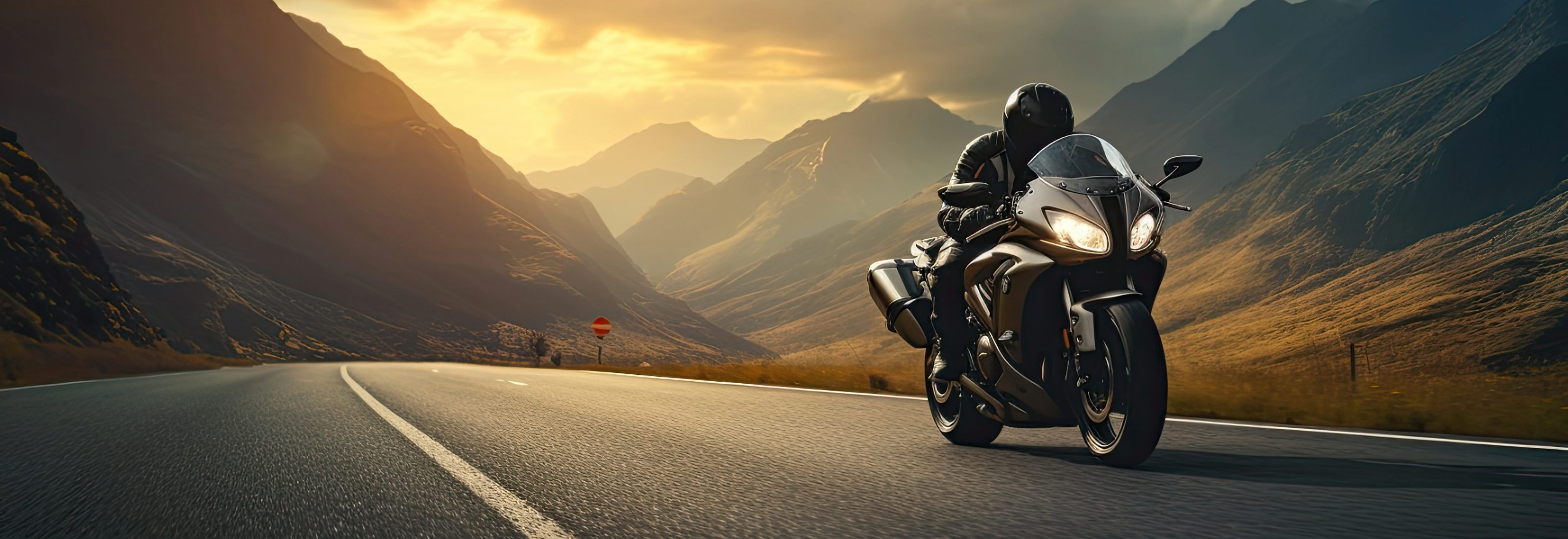 Ørepropper til motorsykkel - sjåfør på landevei i solnedgang.