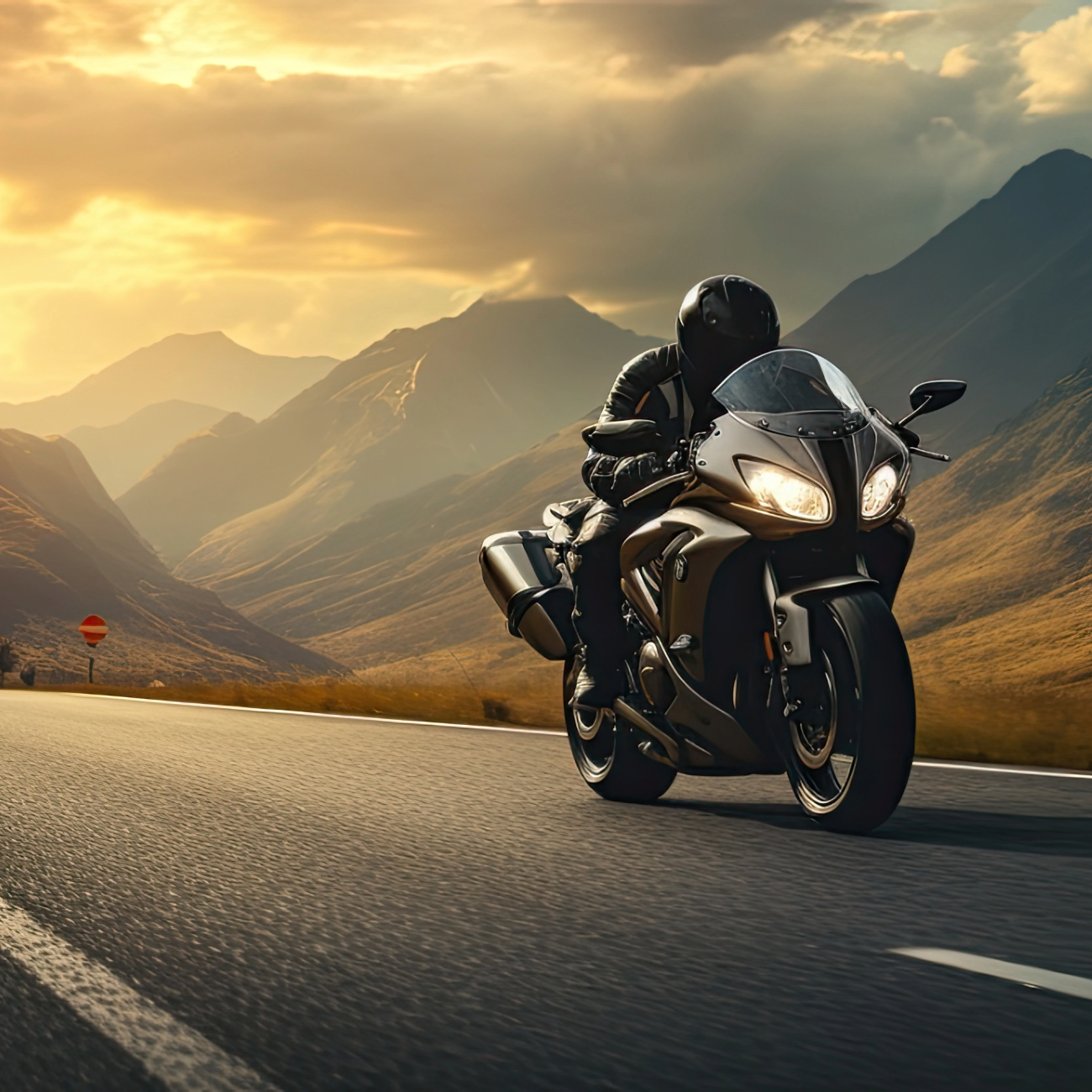 Formstøpte ørepropper til motorsykkel og motorsport - Motorsykkel på landevei i solnedgang.