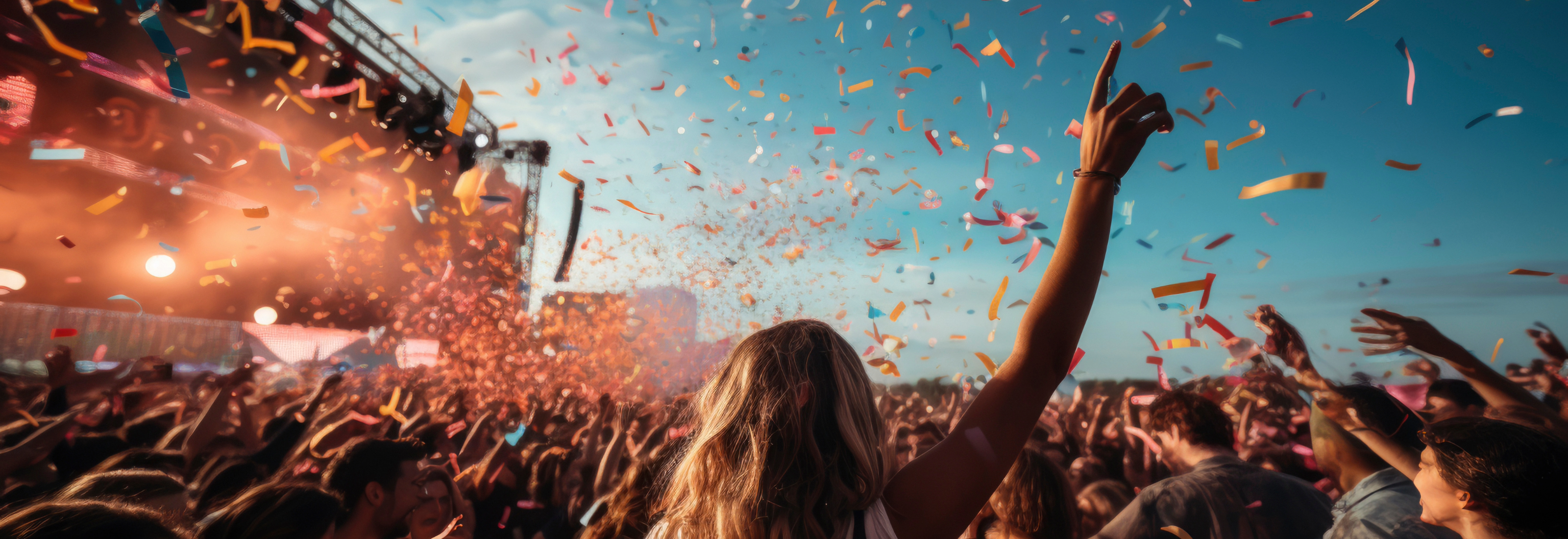 Formstøpte ørepropper på konsert – dame med hendene i været og konfetti