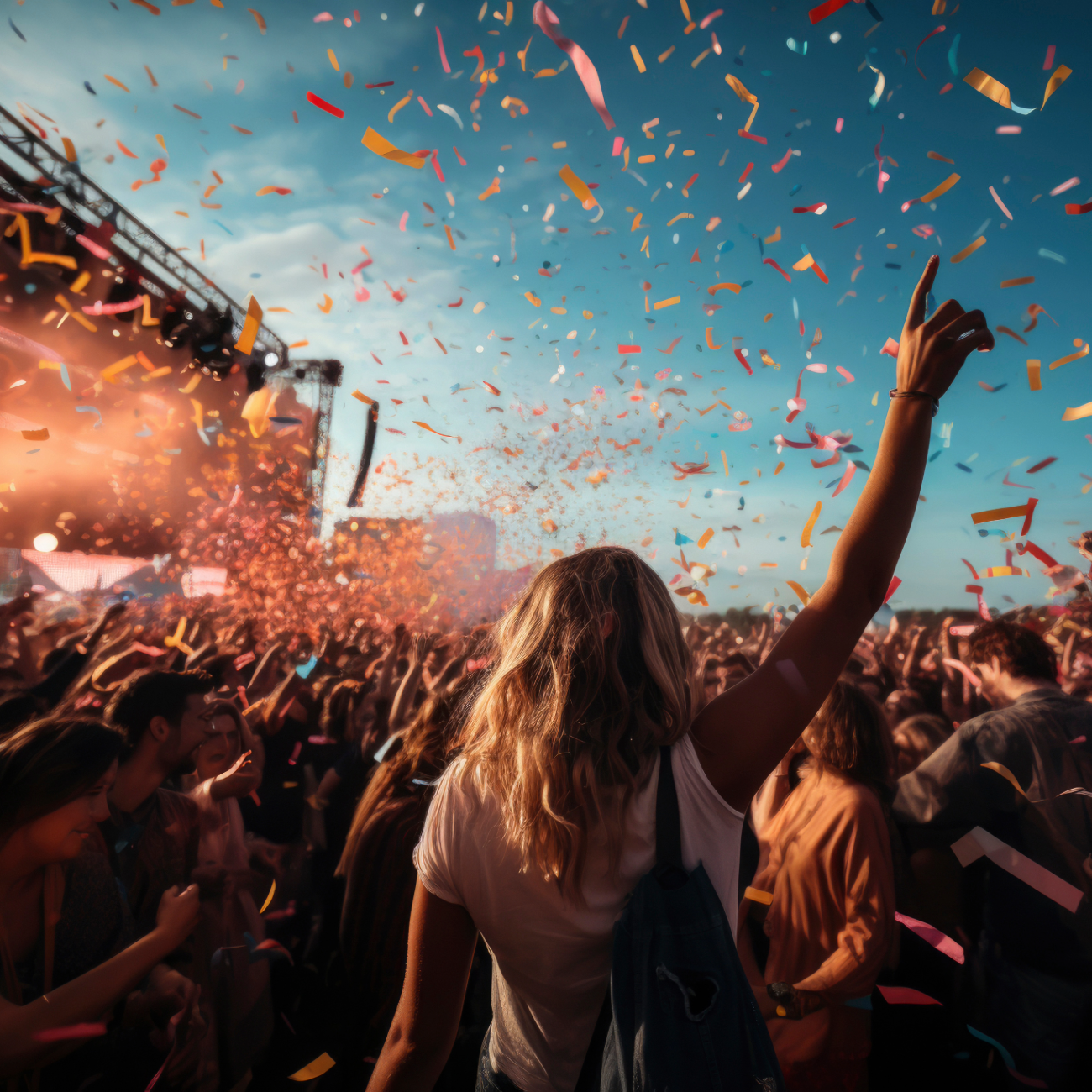 Formstøpte ørepropper på konsert – dame med hendene i været og konfetti